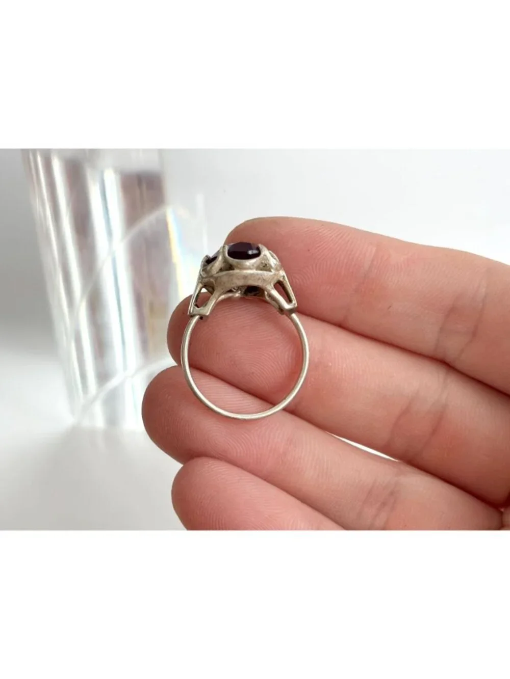 Amethyst Gemstone Scalloped Floral Sterling Silver 925 Vintage Ring - sz 7.5